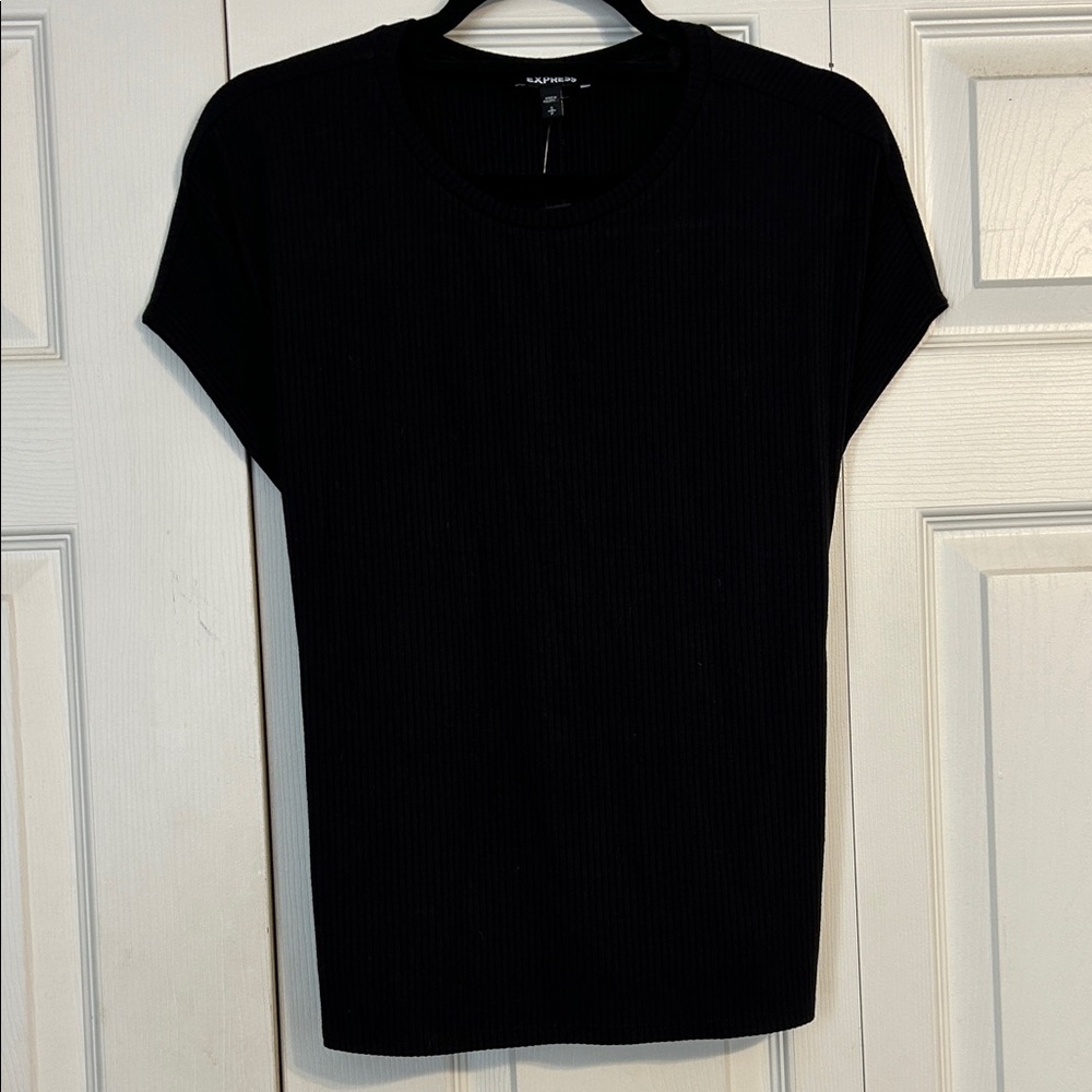 EXPRESS NWT Small Classic Black Ribbed Short Sleeve Top Sweater Tie Stretc